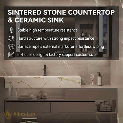 36''-110'' Double Bathroom Vanity with Sink Floating Marble Top Grey Mirror Storage