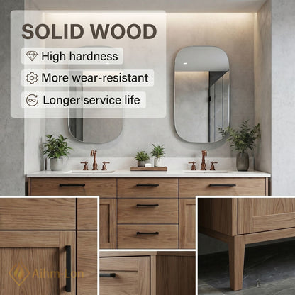 70''-96'' Modern Bathroom Vanity with Sink Floating Wood-Grain White Marble Black Handles