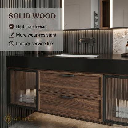 70''-96'' Bathroom Vanity with Sink Modern Floating Dark Walnut Frame Glass-Fronted Storage