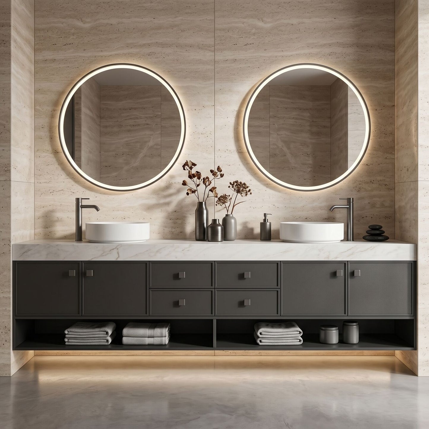 70''-96'' Double Bathroom Vanity with Sink Marble Top Open Shelved Base Spacious Cabinet