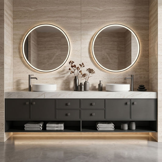 70''-96'' Double Bathroom Vanity with Sink Marble Top Open Shelved Base Spacious Cabinet