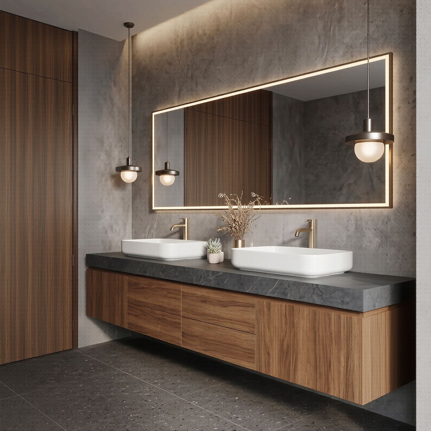 60''-96'' Modern Bathroom Vanity with Sink Double Sink Dark Stone Walnut Wood Drawers Cabinet