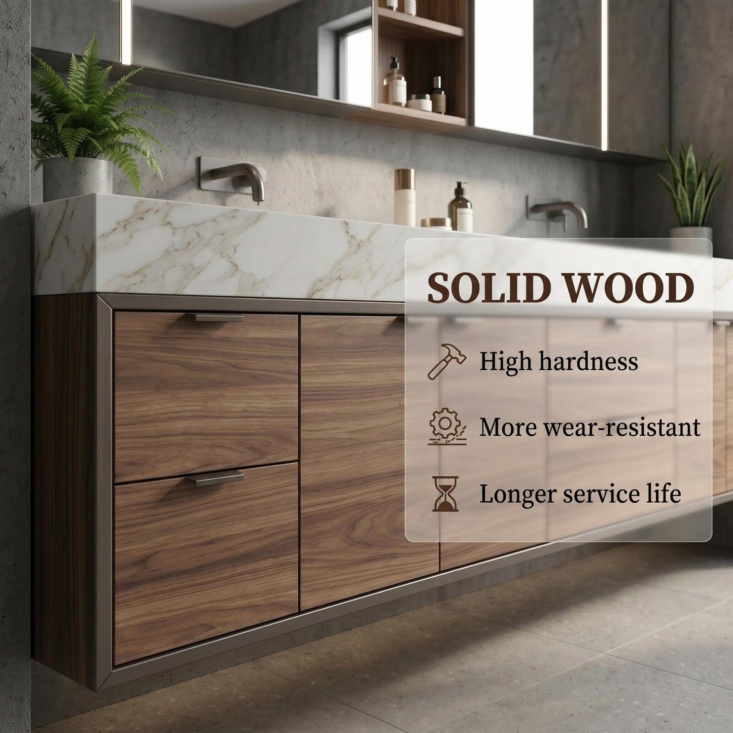 70''-96'' Modern Bathroom Vanity with Sink Double Sink Walnut Finish Slatted Panel Cabinet