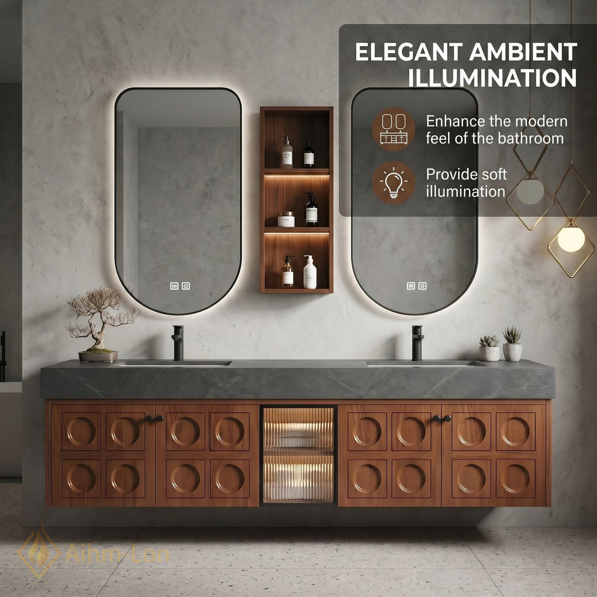 60''-96'' Bathroom Vanity with Sink Grooved Wood Panels Dark Stone Countertop Double