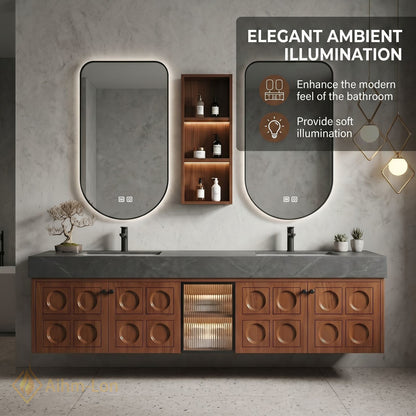 60''-96'' Bathroom Vanity with Sink Grooved Wood Panels Dark Stone Countertop Double
