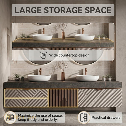 60''-96'' Double Bathroom Vanity with Sink Modern Floating Panel Slatted Open Shelving