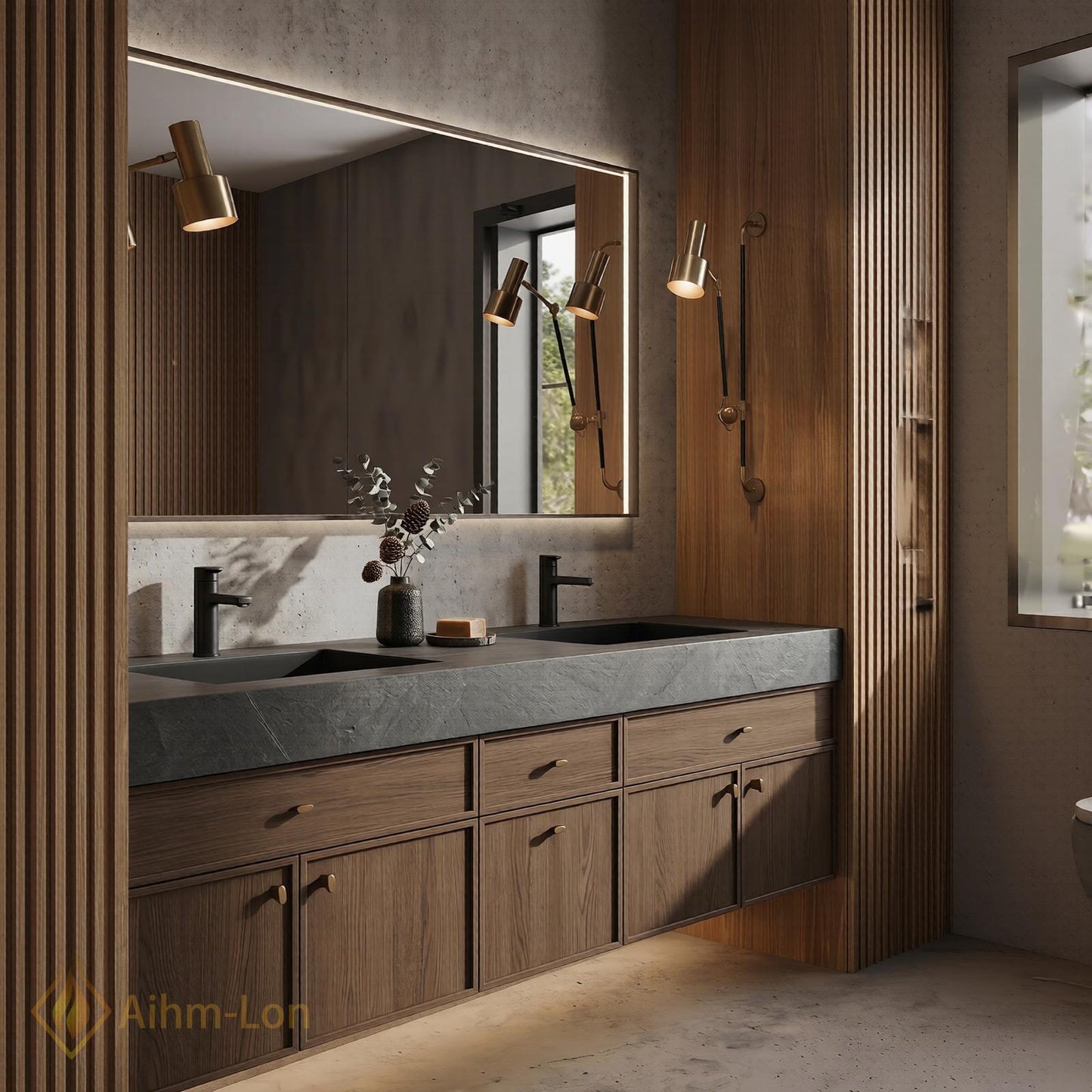 70''-96'' Double Bathroom Vanity with Sink Floating Modern Basins Dark Stone Countertop