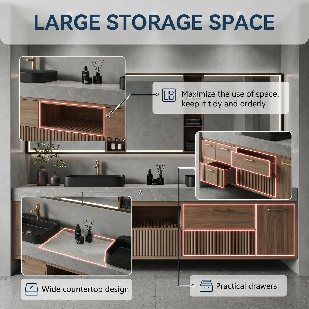 60''-96'' Double Bathroom Vanity with Sink Modern Floating Warm Wood Slatted Center Panel