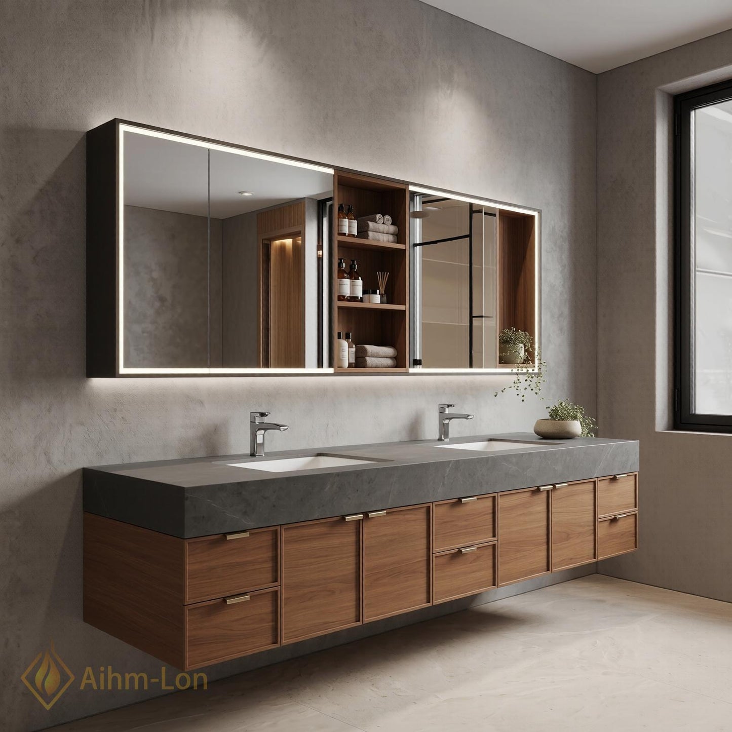 76''-96'' Modern Double Bathroom Vanity with Sink Floating Dark Stone Wood-Finish Cabinet