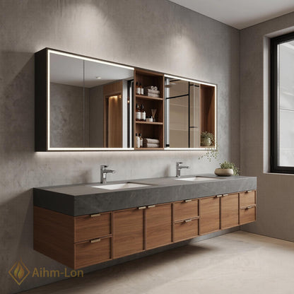 76''-96'' Modern Double Bathroom Vanity with Sink Floating Dark Stone Wood-Finish Cabinet