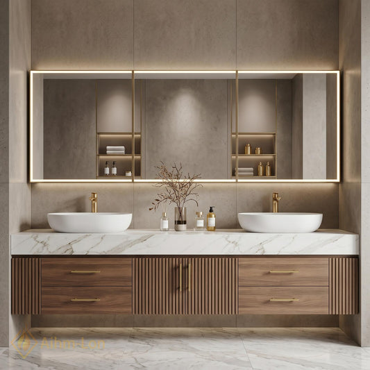 60''-96'' Modern Floating Bathroom Vanity with Sink White Marble Ridged Wood Front