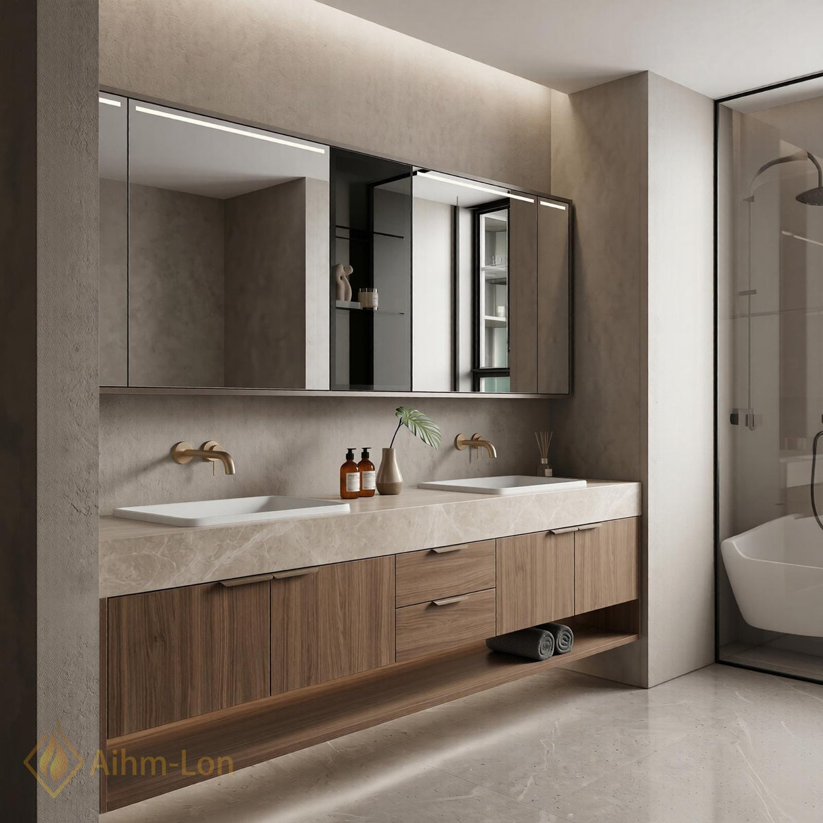 60''-96'' Double Bathroom Vanity with Sink Floating Warm Woodgrain Finish Open Shelf