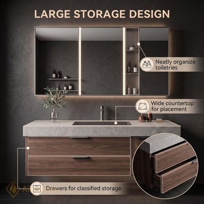 36''-110'' Modern Floating Bathroom Vanity with Sink Sintered Stone Top Hidden Drawers