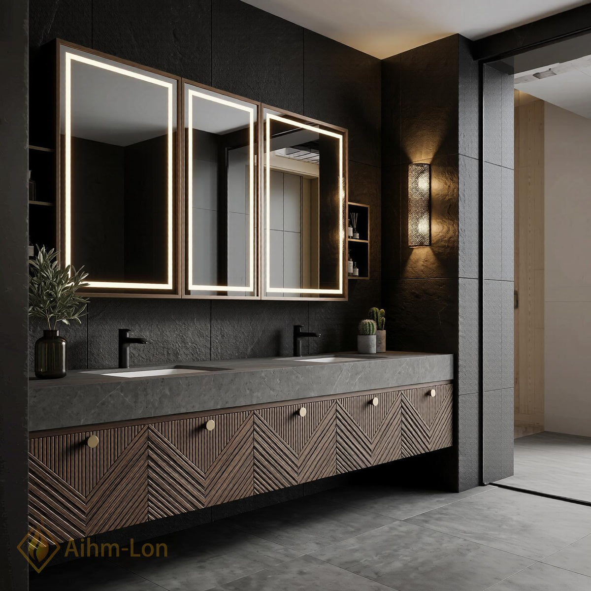 60''-96'' Double Bathroom Vanity with Sink Modern Floating Dark Walnut Finish Chevron