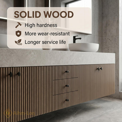 60''-96'' Double Bathroom Vanity with Sink Floating Slatted Wood Front Stone Top