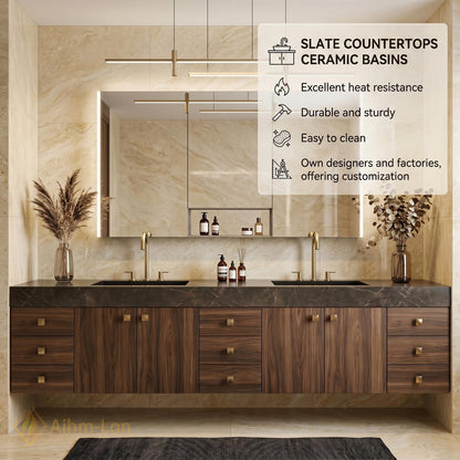 72''-96'' Double Bathroom Vanity with Sink Dark Modern Floating Stone-Top Top
