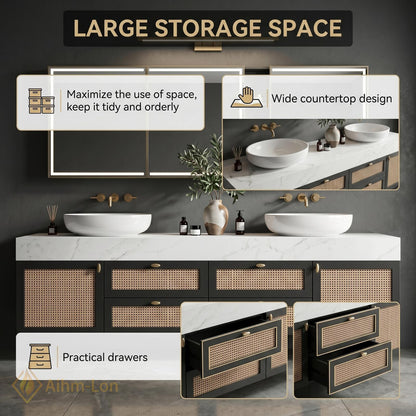70''-96'' Double Bathroom Vanity with Sink White Marble Top Floating Rattan Doors