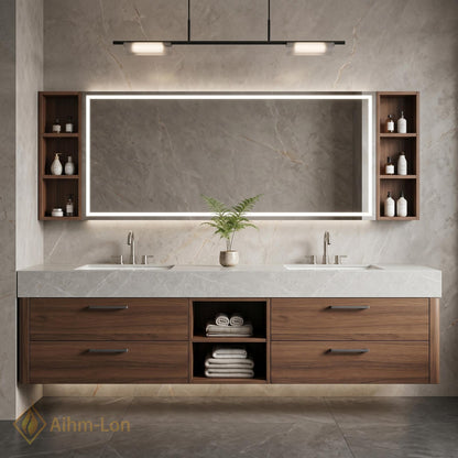 60''-96'' Double Bathroom Vanity with Sink Modern Grey Stone Top Walnut Drawers