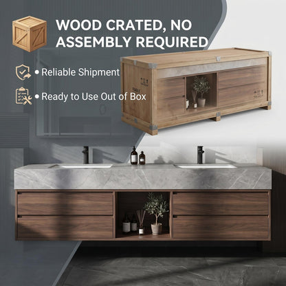 60''-96'' Double Bathroom Vanity with Sink Floating Dark Walnut Finish Marble-Look Top