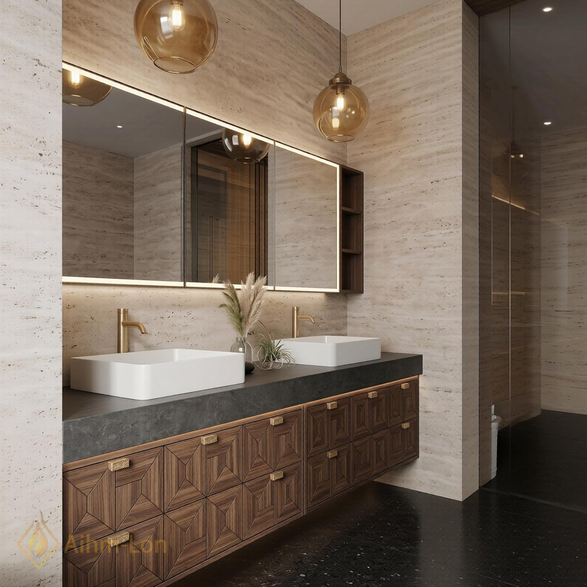 60''-96'' Double Bathroom Vanity with Sink Modern Floating Geometric Walnut Doors Side