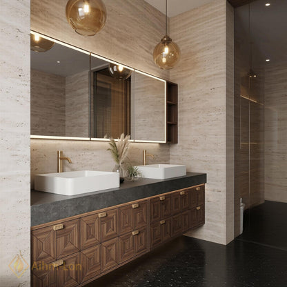 60''-96'' Double Bathroom Vanity with Sink Modern Floating Geometric Walnut Doors Side