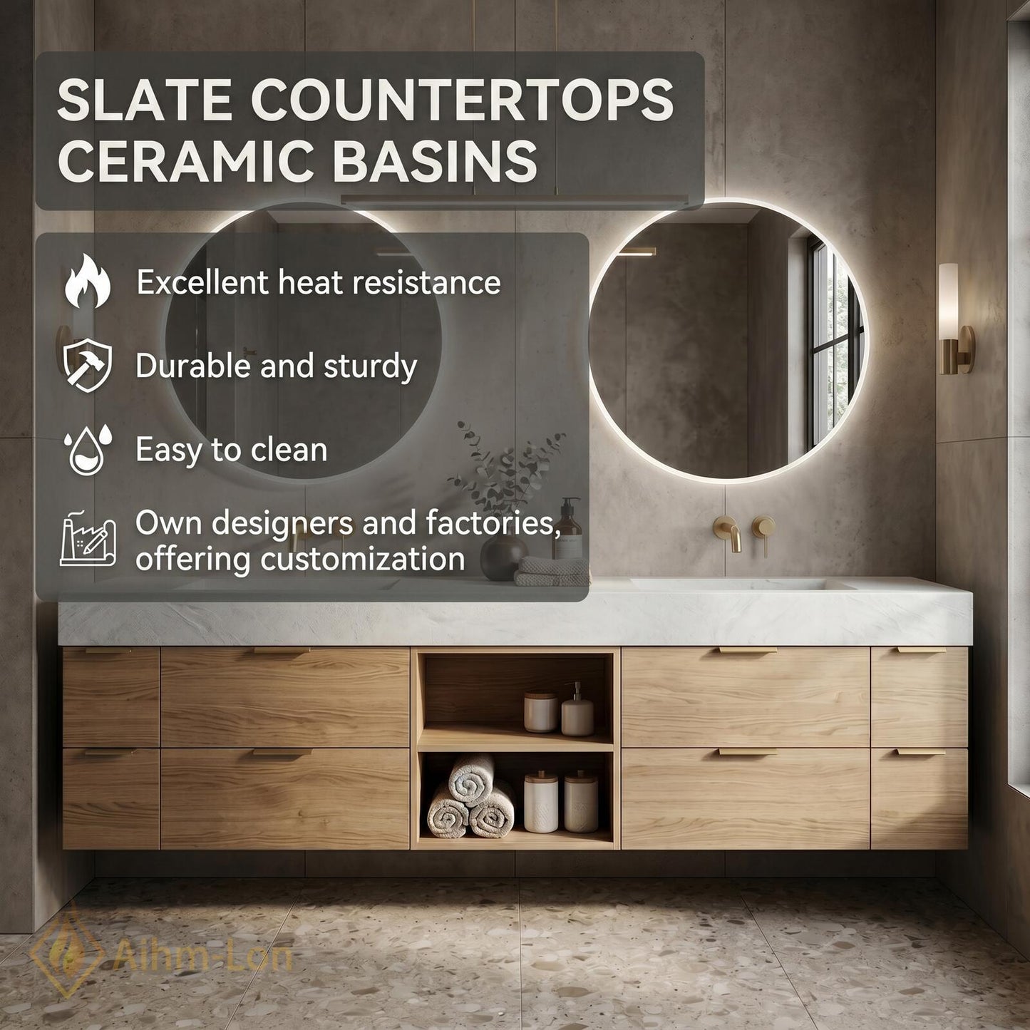 60''-96'' Double Bathroom Vanity with Sink Light-Oak Floating Veneer Open Shelving