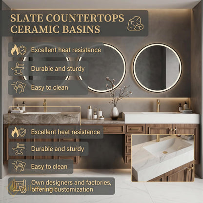 60''-96'' Double Bathroom Vanity with Sink Walnut Floating Modern Triple Woodgrain Finish
