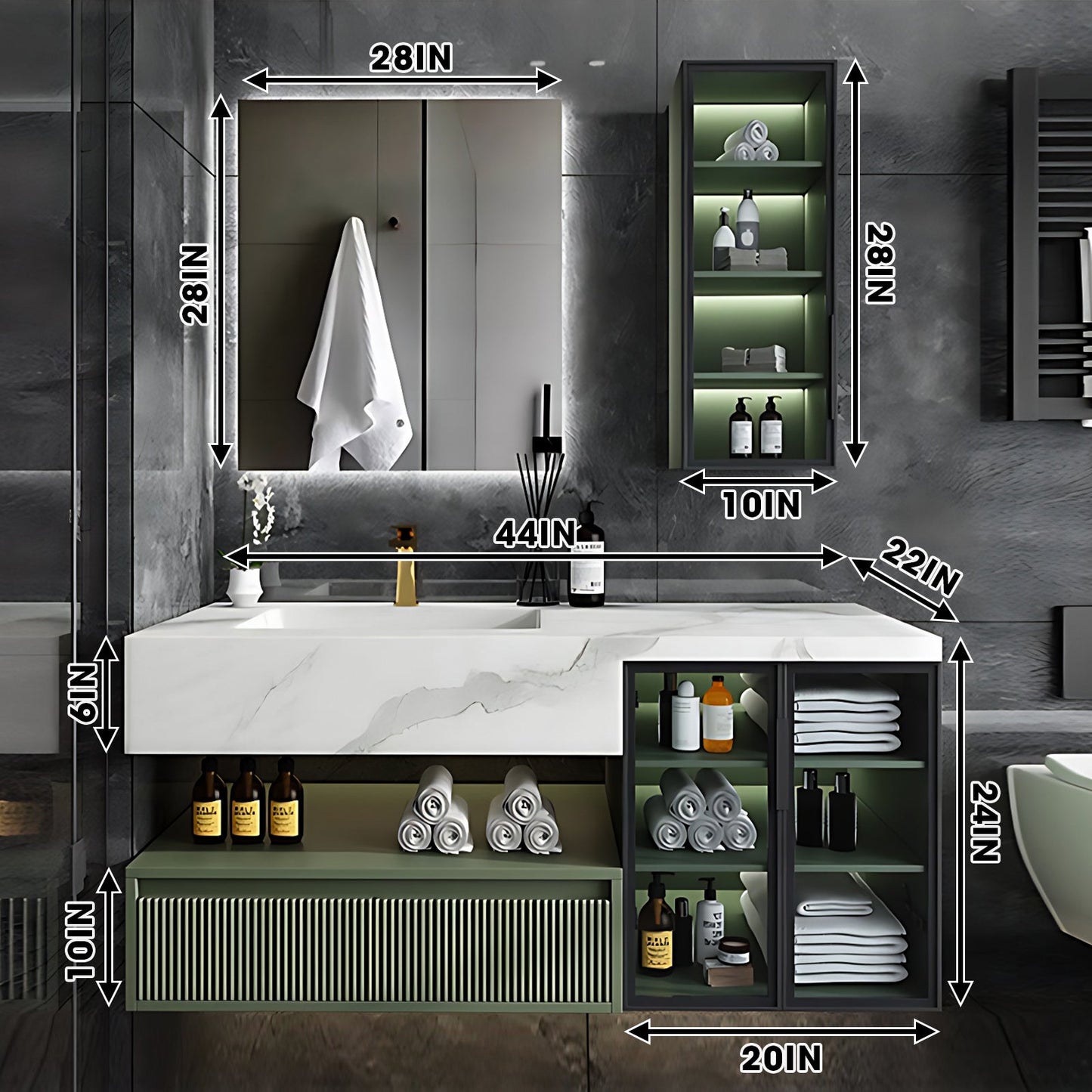 36"- 78" Green Bath Vanity Set with Defogging Mirror & Single Sink Floating