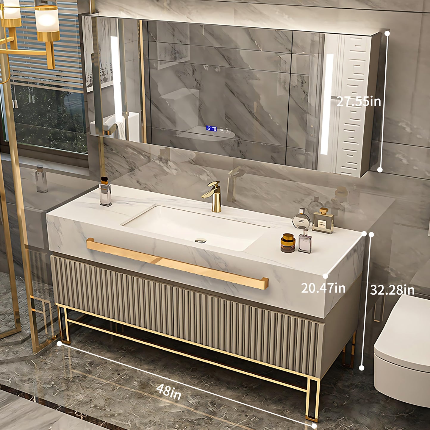 36"- 68" Freestanding Gold Bathroom Vanity Set with Smart Light Cabinet