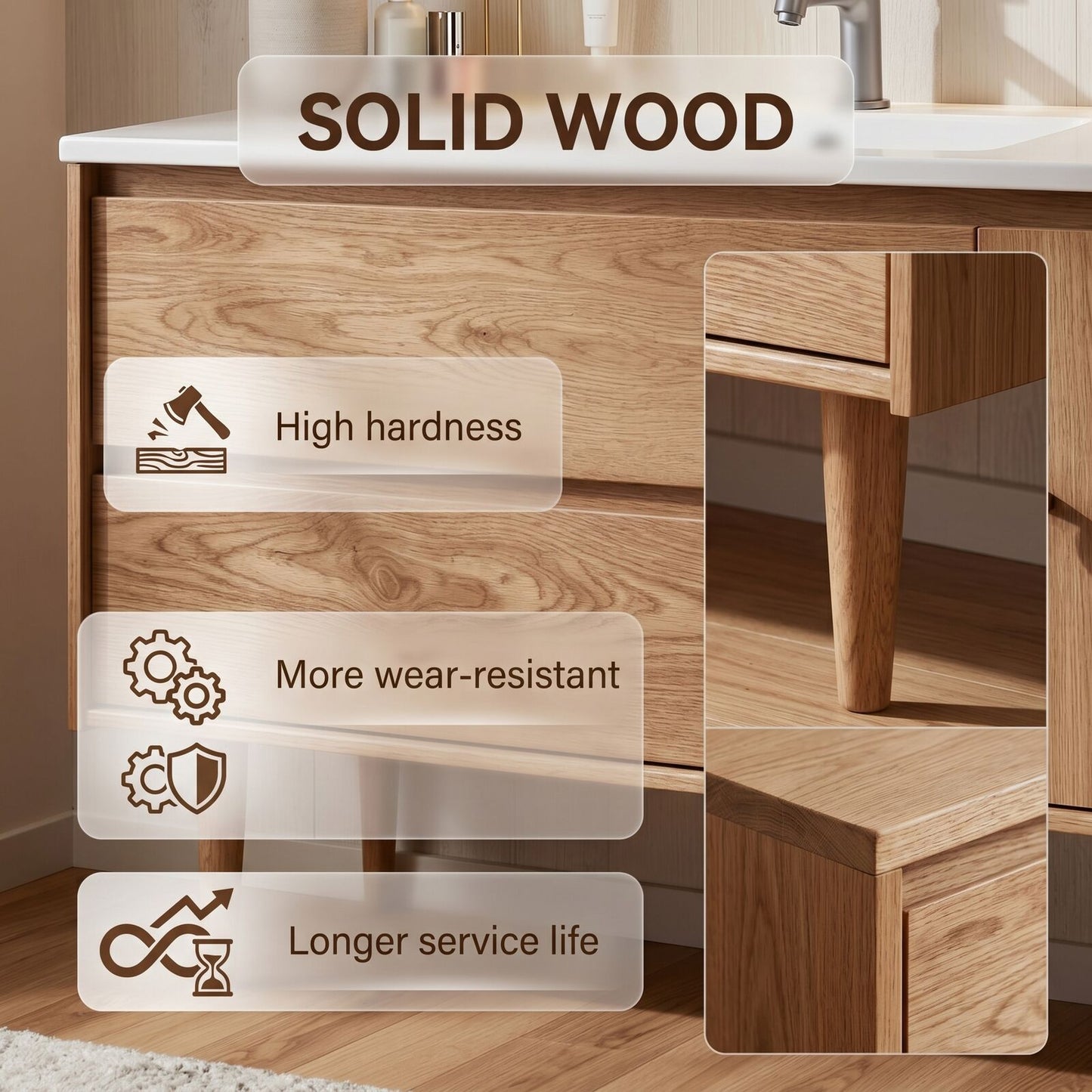36''-64'' Modern Bathroom Vanity with Sink White Oak Tapered Leg Rectangular Mirror