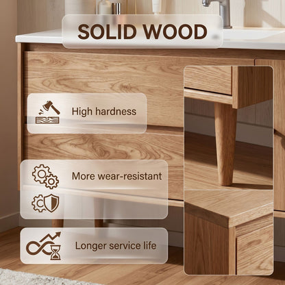 36''-64'' Modern Bathroom Vanity with Sink White Oak Tapered Leg Rectangular Mirror