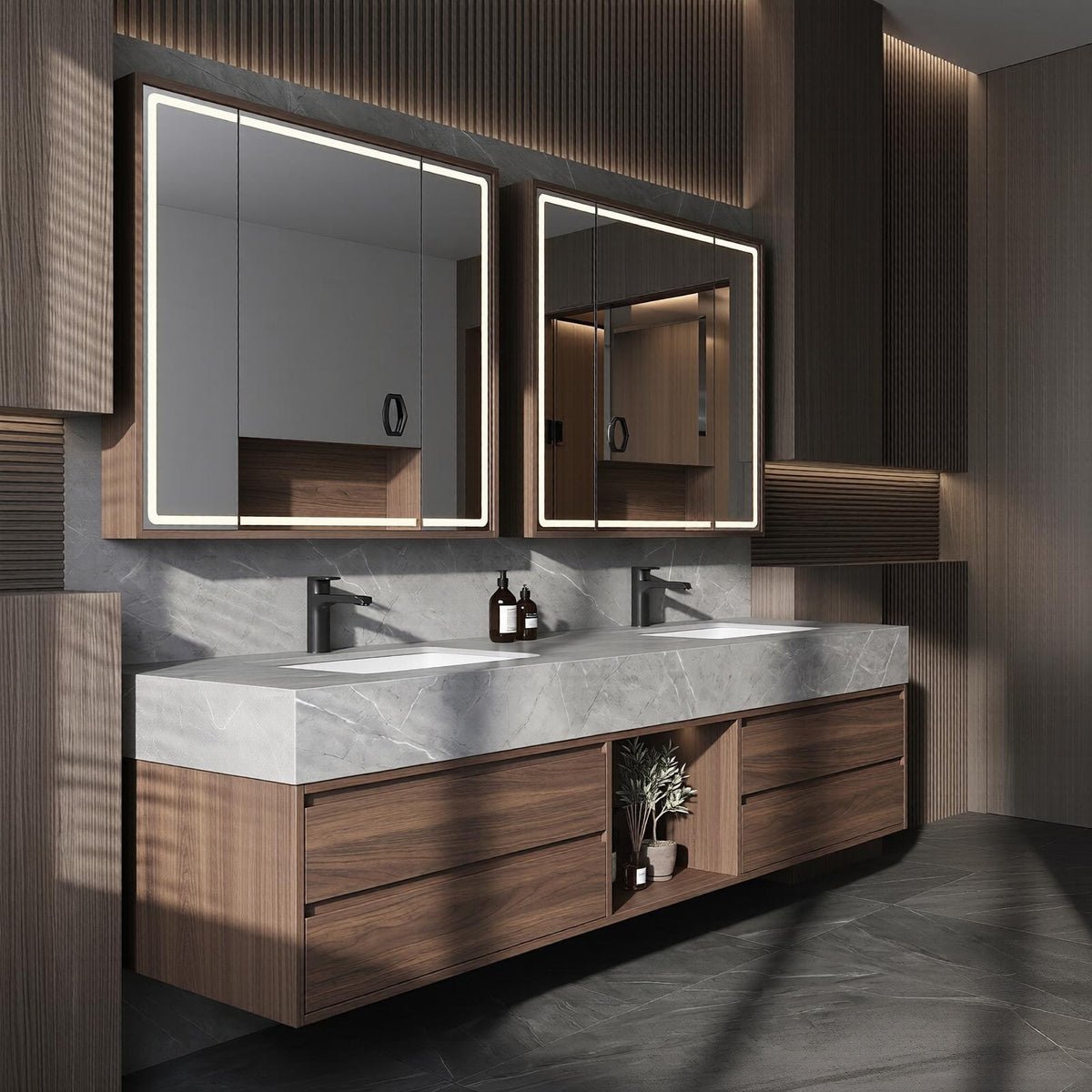 60''-96'' Double Bathroom Vanity with Sink Floating Dark Walnut Finish Marble-Look Top