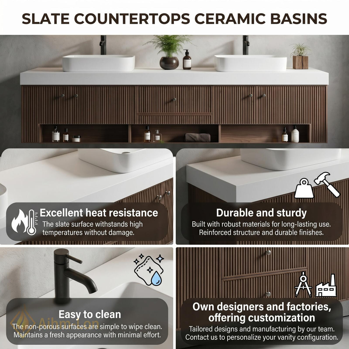 60''-96'' Double Bathroom Vanity with Sink Sleek Floating Vertical Slats Modern Setup