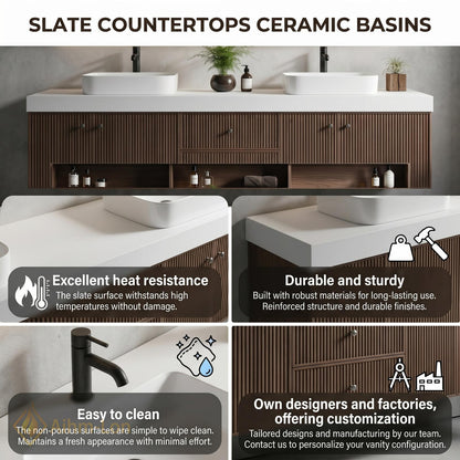 60''-96'' Double Bathroom Vanity with Sink Sleek Floating Vertical Slats Modern Setup
