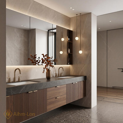 60''-96'' Double Bathroom Vanity with Sink Modern Slatted Front Panels Open Shelving