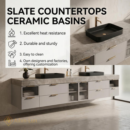 72''-96'' Double Bathroom Vanity with Sink Modern Marble-Top Fluted Glass Doors