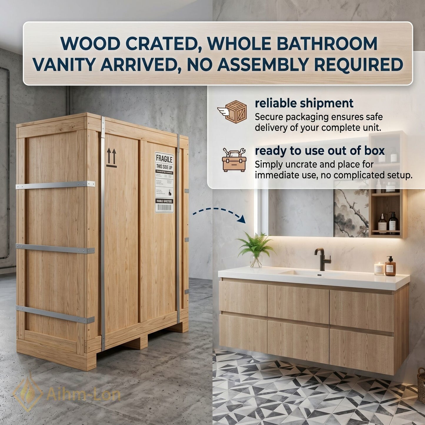 48''-64'' Modern Bathroom Vanity with Sink White Stone Wood Grain Side Shelving