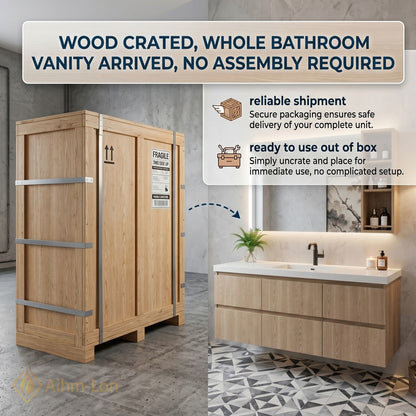 48''-64'' Modern Bathroom Vanity with Sink White Stone Wood Grain Side Shelving