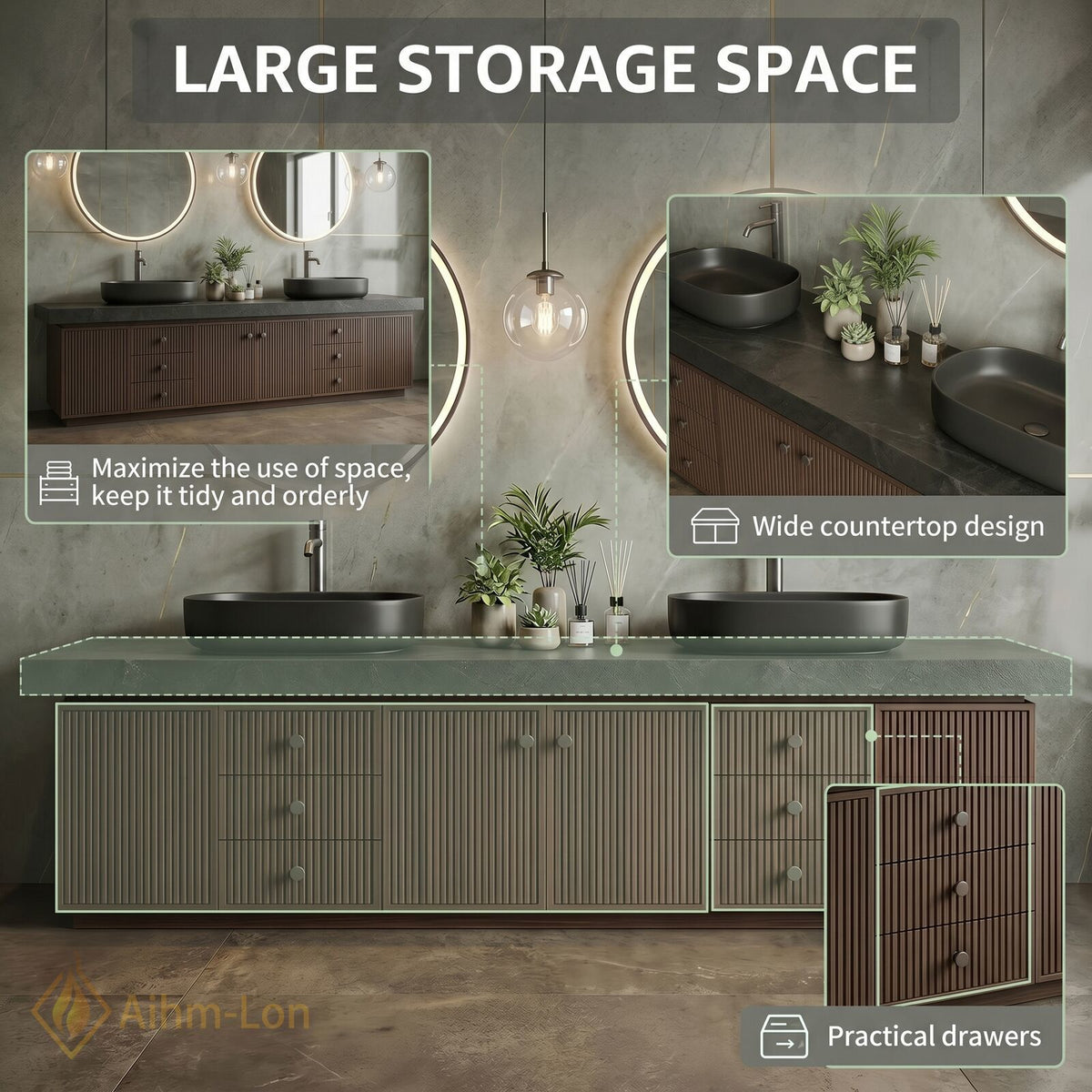60''-96'' Double Bathroom Vanity with Sink Fluted Panel Front Dark Brown Finish