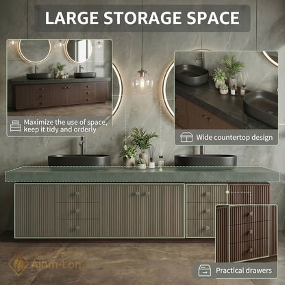 60''-96'' Double Bathroom Vanity with Sink Fluted Panel Front Dark Brown Finish