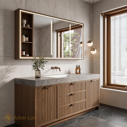 36''-110'' Bathroom Vanity with Sink Floating Sintered Stone Top Slatted Doors