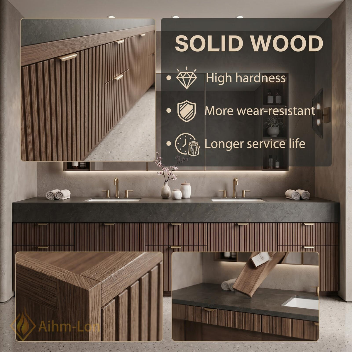 60''-96'' Double Bathroom Vanity with Sink Floating Dark Walnut Slatted Center Open