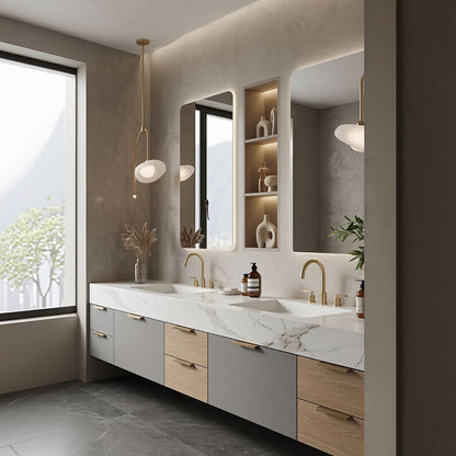 72''-96'' Double Bathroom Vanity with Sink Floating Marble Patterned Drawer Storage Cabinet