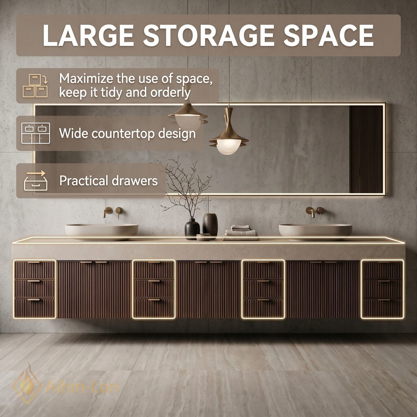 88''-96'' Double Bathroom Vanity with Sink Floating Modern Solid-Wood Stone-Top Storage Drawers