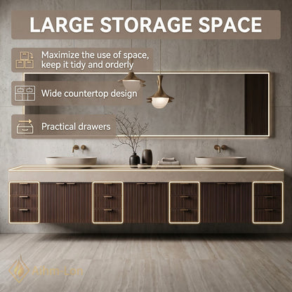 88''-96'' Double Bathroom Vanity with Sink Floating Modern Solid-Wood Stone-Top Storage Drawers