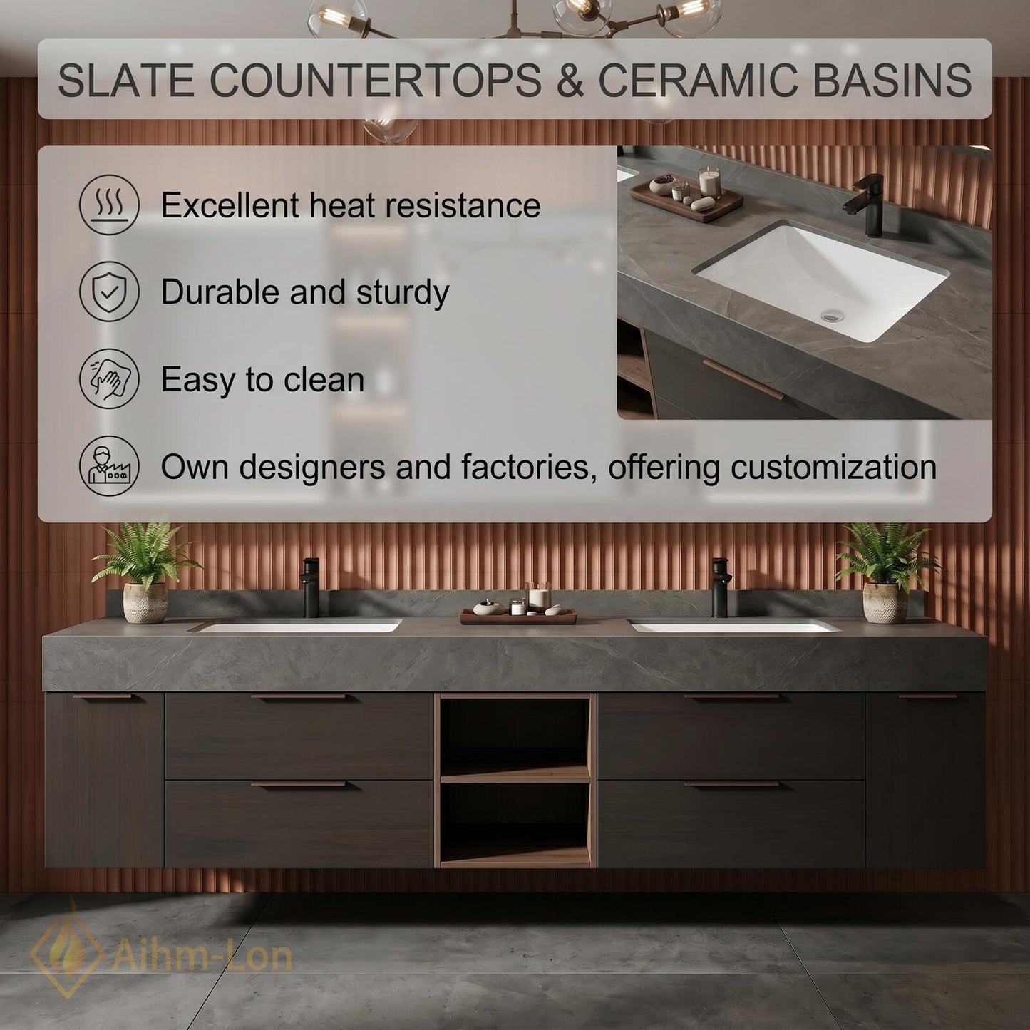60''-96'' Modern Double Bathroom Vanity with Sink Grey Stone-Textured Top Spacious Drawers