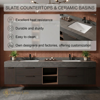 60''-96'' Modern Double Bathroom Vanity with Sink Grey Stone-Textured Top Spacious Drawers