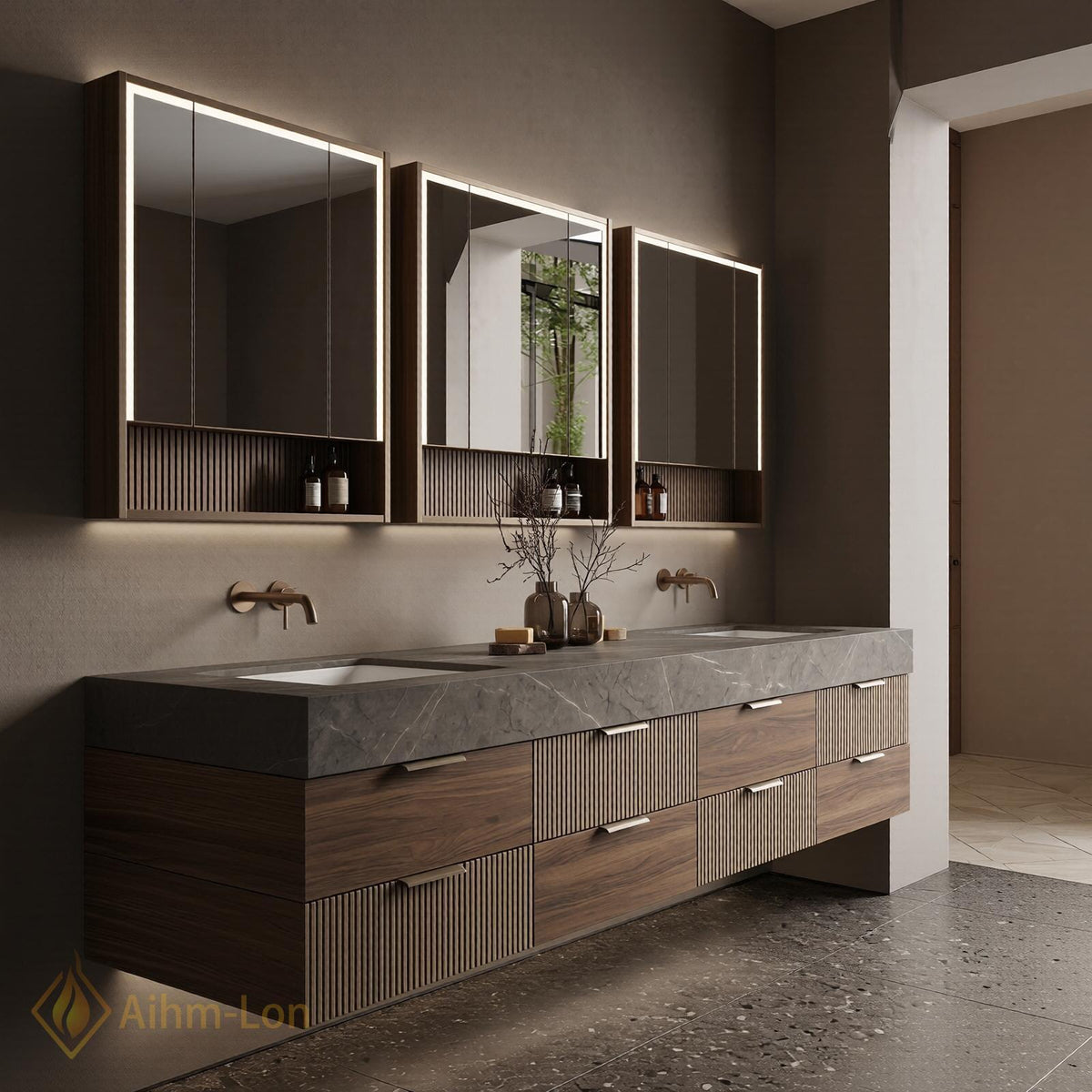 60''-96'' Double Bathroom Vanity with Sink Matte Grey Slatted Side Panels Shelving