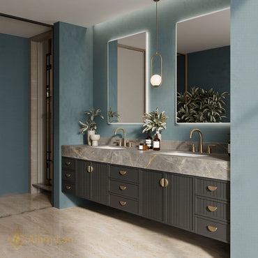 76''-96'' Double Bathroom Vanity with Sink Modern Solid-Wood Wood-Grain Marble-look Stone-Top Drawer-Storage