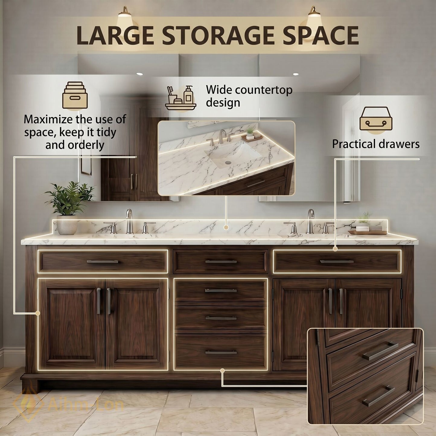 70''-96'' Elegant Bathroom Vanity with Sink Dark Wood Marble Deep Drawers Cabinet